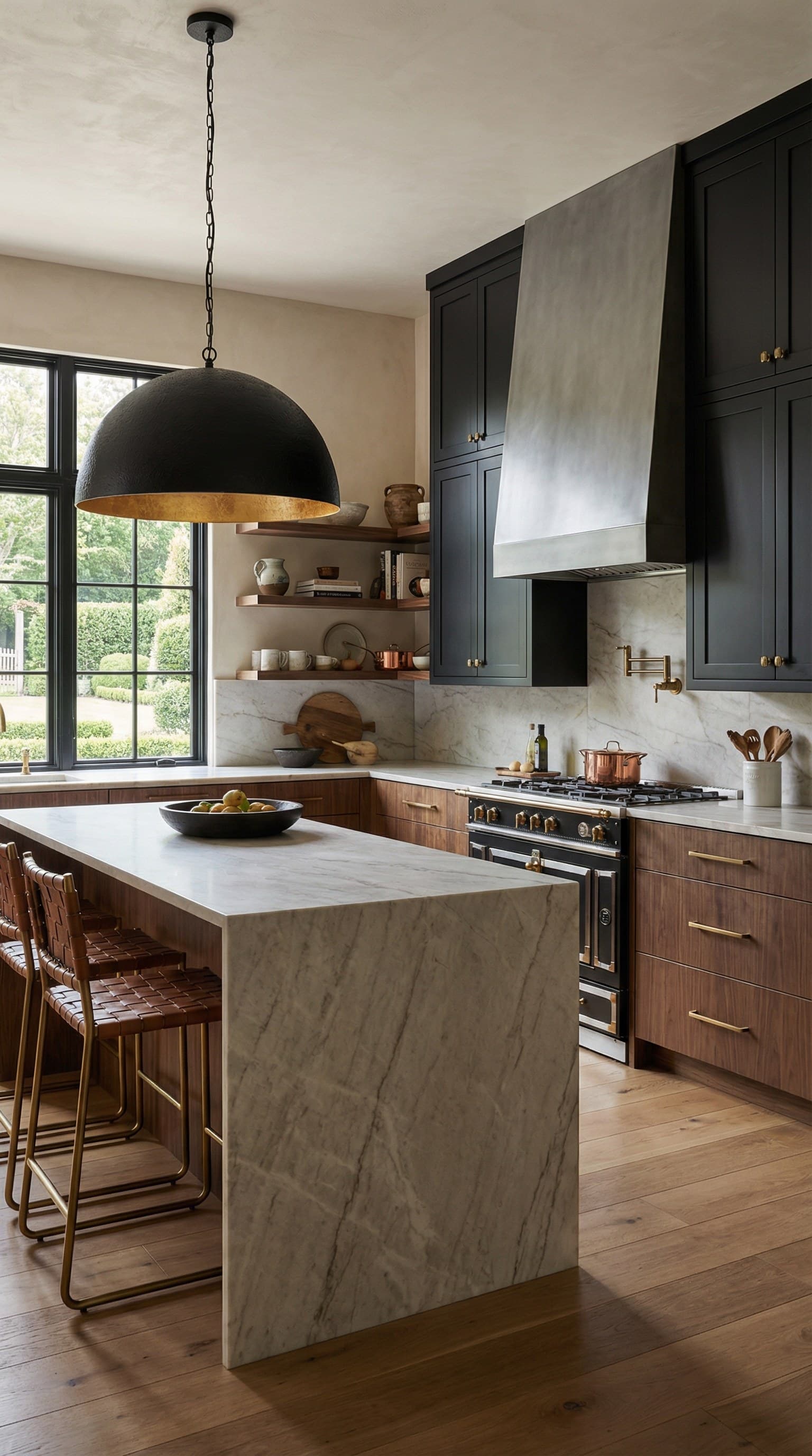 Black and gold dome pendant chandelier with a gold leaf interior — the statement light of the issue